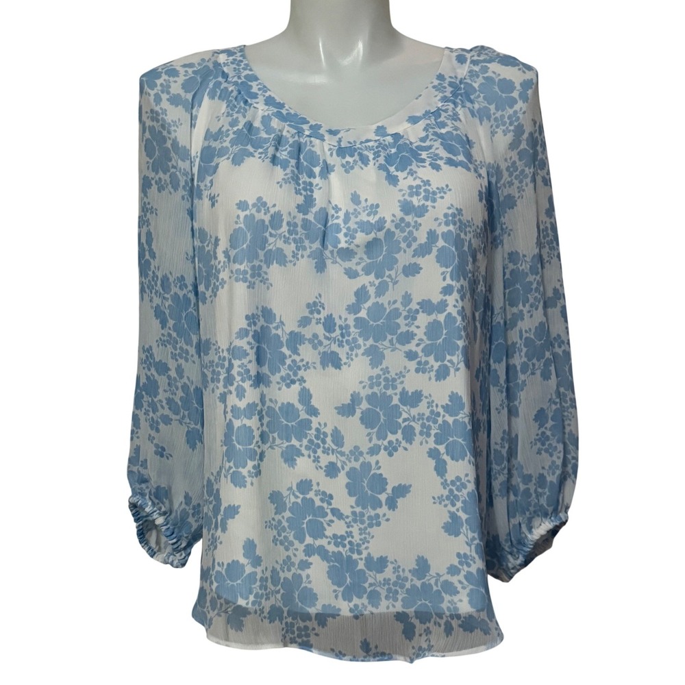 LC Lauren Conrad Women Blue Floral Chiffon Blouse Lined Peasant Top XL